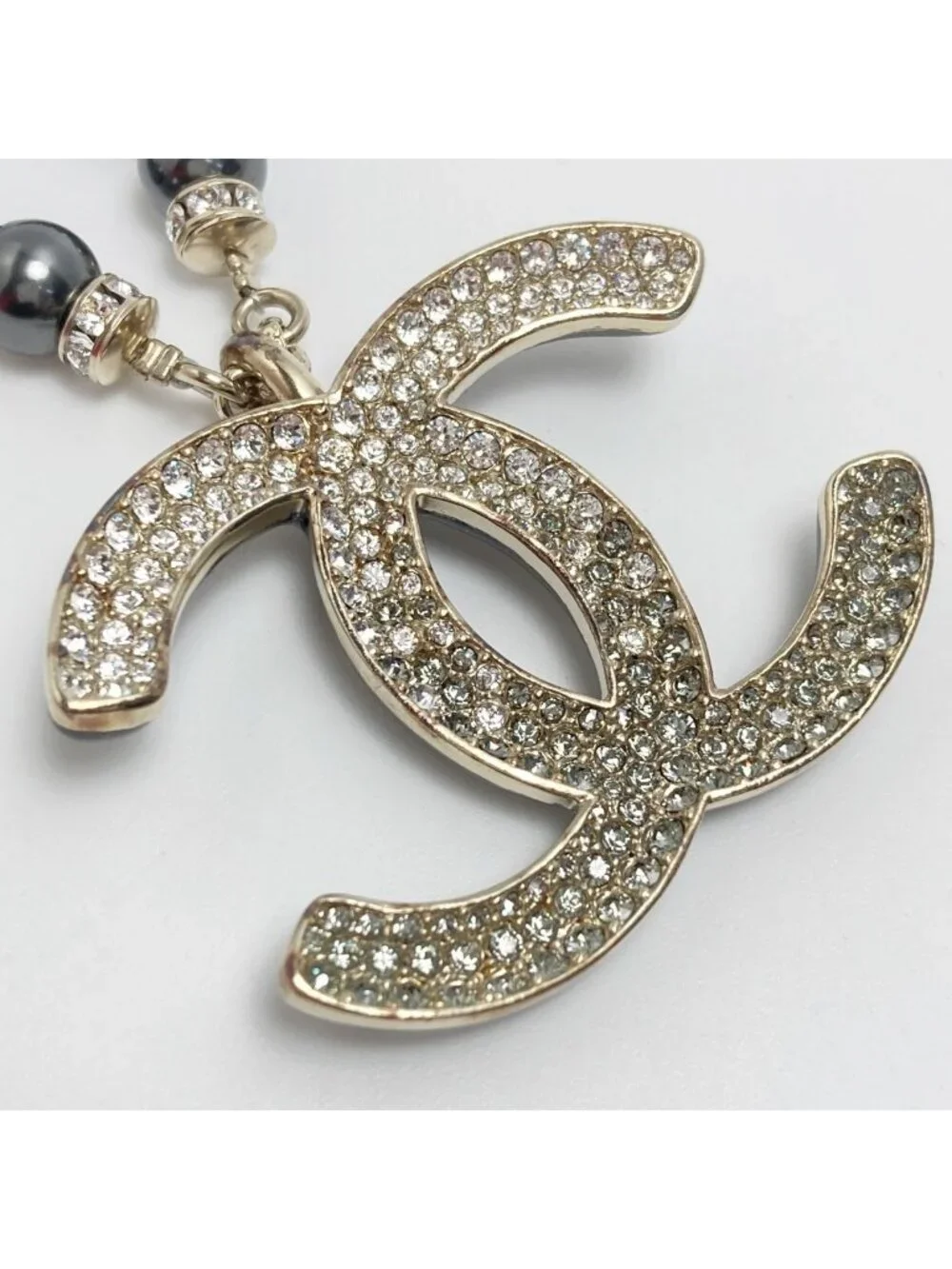 Chanel Coco Mark Rhinestone Faux Pearl Necklace C23 P Champagne Gold Black